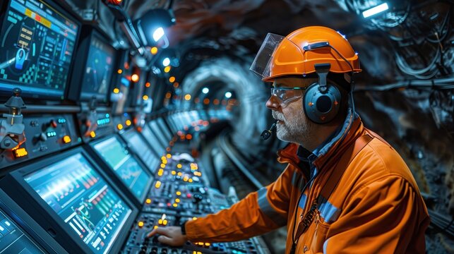 Engineer Monitoring Tunnel Boring Machine Systems. Engineer in a hard hat and protective gear monitors systems inside a tunnel boring machine, focusing on multiple screens and controls.
