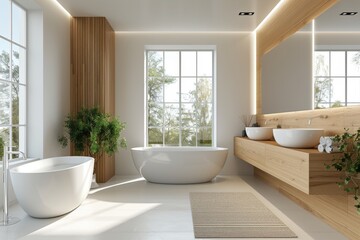 Modern minimalist bathroom with wood paneling and freestanding tub