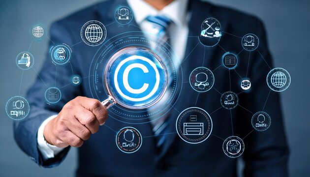 Digital copyright or patent concept. Author rights and patented intellectual property. Businessman holding a magnifying glass focuses on a copyright symbol surrounded by legal icons. trademark license