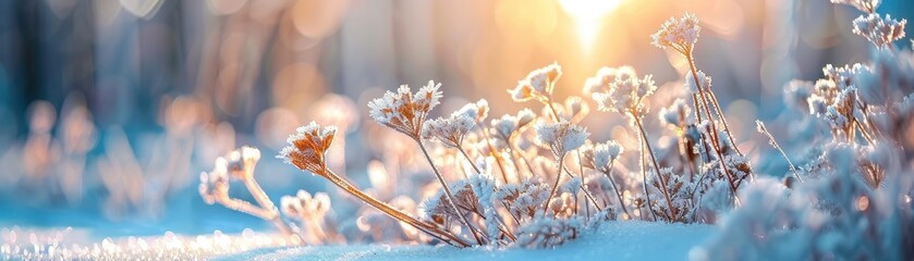 Frosty Morning Sunrise Over Snow-Covered Wildflowers in a Winter Wonderland