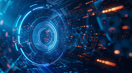 Obraz premium A blue and orange computer screen with a circle in the middle. The circle is surrounded by a lot of other shapes and lines. The image has a futuristic and technological feel to it