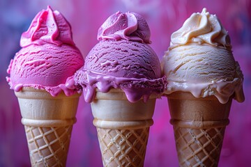 Three ice cream cones with different flavors, one of which is pink