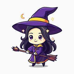 Cute Cartoon Witch Holding a Broom with a Crescent Moon and Stars
