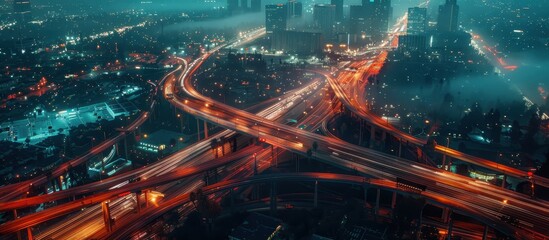 Aerial View of a Modern City at Night with Illuminated Highways and Skyscrapers