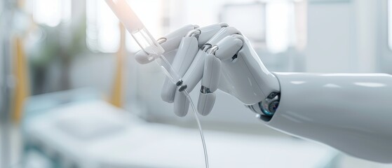 A detailed shot of a robotic hand adjusting a patients IV drip in a brightly lit hospital ward