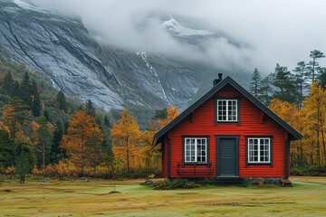 A red house sits in a grassy field with a view of mountains in the background