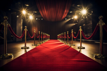 Red carpet rolling out in front of glamorous movie premiere background generative Ai