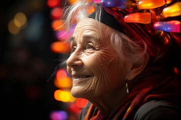 Naklejka premium Generated with AI technology picture of excited happy senior woman on festive event summer festival