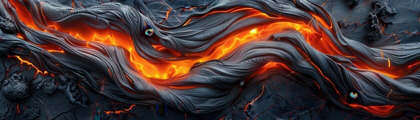 Flowing Lava Stream Amidst Hardened Volcanic Rock Captured in High Detail