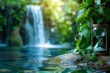 Slow life with an hourglass and a beautiful rain forest and water fall
