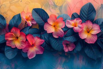 Elegant depiction of geometric forms intertwined with vibrant flower and leaf designs in a risograph style,