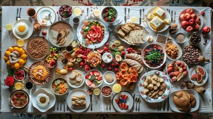 A table full of food with a variety of dishes including sandwiches, fruit, and desserts. The table is set for a large gathering or party