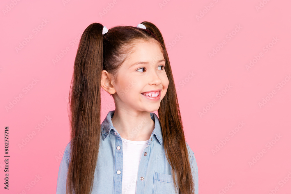 Canvas Prints Photo of lovely positive small girl with ponytails dressed denim shirt look at discount empty space isolated on pink color background