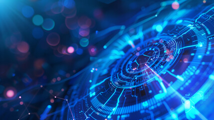 A blue and orange computer screen with a circle in the middle. The circle is surrounded by a lot of other shapes and lines. The image has a futuristic and technological feel to it