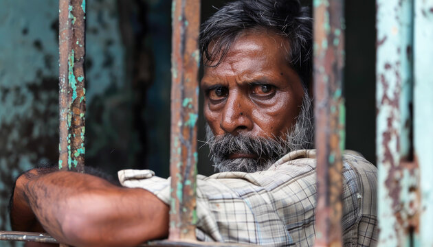 A middle aged Indian man sits behind bars in a prison cell.