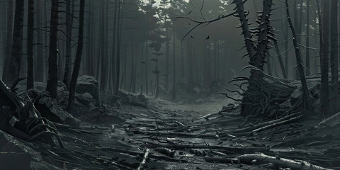 Obraz premium The Ominous Forest Path: A misty trail leading deep into a dark, dense forest.