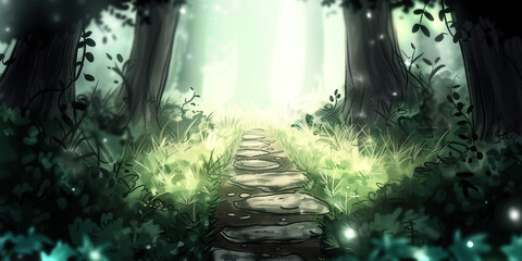 The Ominous Forest Path: A misty trail leading deep into a dark, dense forest.