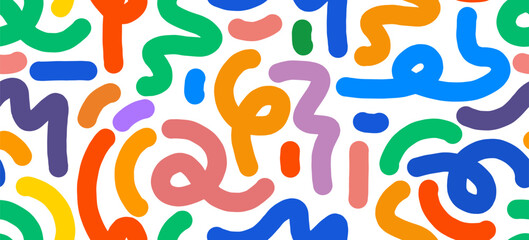 Fun colorful line doodle seamless pattern for kids birthday party or celebration background, trendy design with scribble shapes on black backdrop.