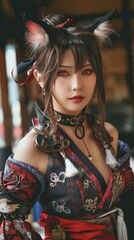 Fototapeta premium Model captivates with detailed cosplay costume, embodying character with grace