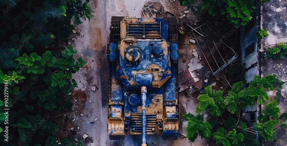 Wall mural Top view or drone shot. A military armored tank