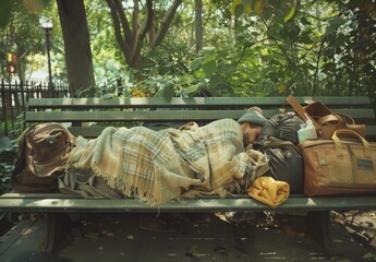 A homeless individual sleeping on a park bench, covered with a thin blanket and surrounded by bags and personal items