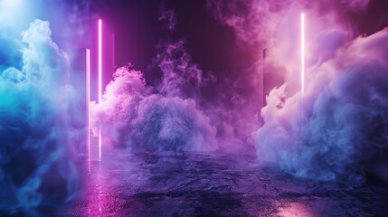 Fototapeta premium colorful neon light digital empty room purple studio.