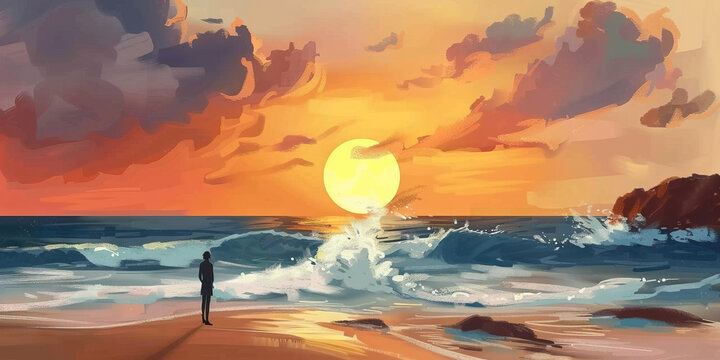 The Howling Void: A lone figure stands alone on a desolate beach, facing the crashing waves as the setting sun casts a eerie glow on the horizon
