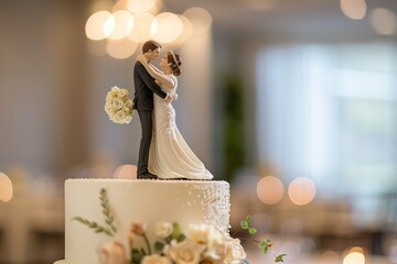 Figurines Of A Bride And Groom On A Wedding Cake, Close-up Of Wedding Cake Topper, Beautiful Wedding Decorations.