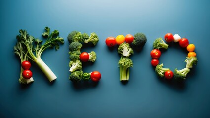 Keto diet spelled with vegetables on blue background
