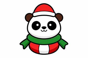 Adorable Christmas Panda Vector Line Art with Santa Hat & Scarf on White Background