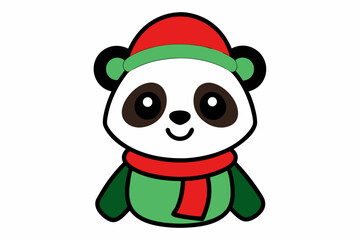 Adorable Christmas Panda Vector Line Art with Santa Hat & Scarf on White Background