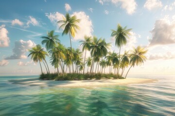 Fototapeta premium A beautiful tropical island surrounded by crystal-clear waters and palm trees, perfect for a relaxing vacation or exotic getaway