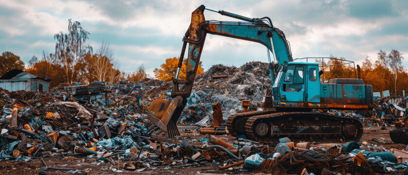 A blue and yellow excavator sits in a junkyard amid debris under an overcast sky. Trees and a house in the background hint at urbanization's impact on nature.