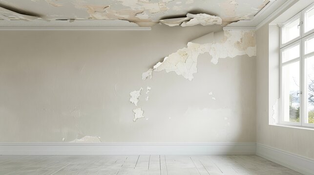 A neglected room with extensive ceiling seepage, peeling plaster, and dark mildew spots, emphasizing the extent of the damage and disrepair