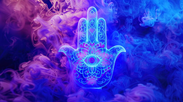 Neon Hamsa hand on blue and purple smoke background. Against Evil eye protection