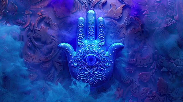 Neon Hamsa hand on blue and purple smoke background. Against Evil eye protection