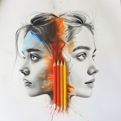 Woman looking forward with half face showing colorful drawing of herself