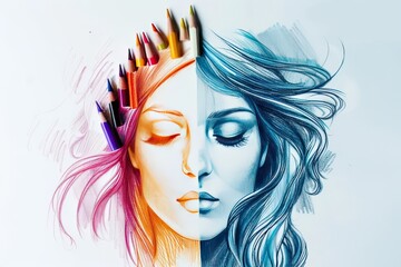 Artist drawing beautiful woman portrait with colored pencils on white paper