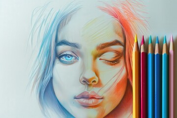 Artist finishing colorful pencil drawing of woman with blue eyes