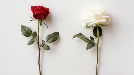 Red rose and white rose standing on white background