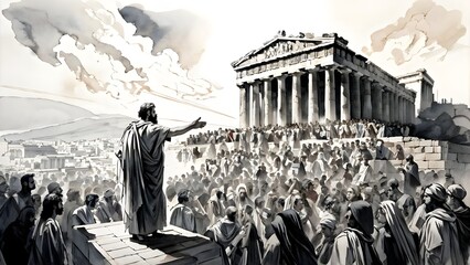 The Apostle Paul Preaching to a Diverse Crowd in the Ancient City of Athens, with the Iconic Acropolis in the Background, Delivering a Powerful Religious Message of Faith and Salvation