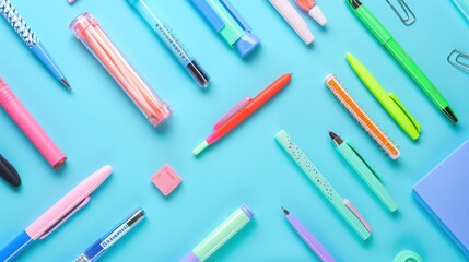 Colorful pens and writing supplies arranged on a vibrant blue background for creative inspiration