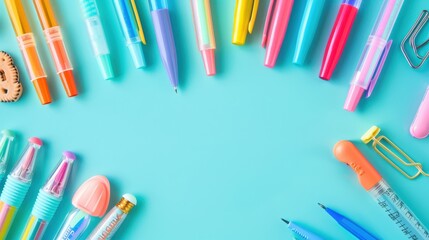 Colorful pens, pencils, and markers forming border on teal background