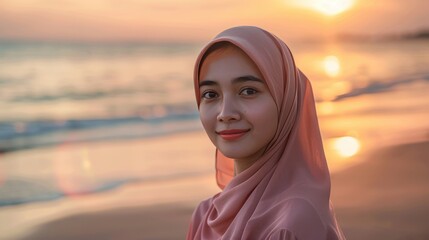 Young muslim woman smiling at beach during golden hour sunset