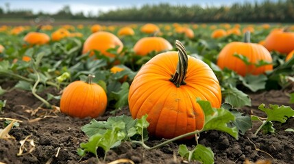 Vibrant Pumpkin Patch in Autumnal Countryside Landscape