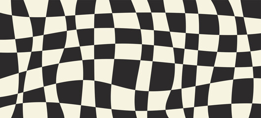 Obraz premium Trippy abstract wavy checkerboard black and white pattern. Optical illusion retro background, vector illustration