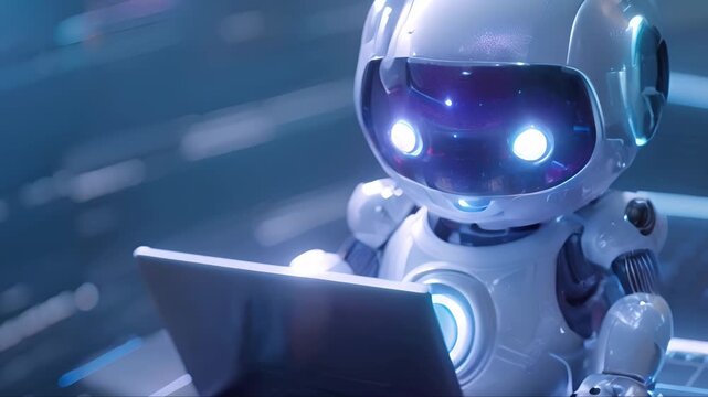 Cute friendly artificial intelligence robot using laptop computer with white neon glow light, chatbot and AI assistant concept futuristic technology