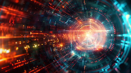 Obraz premium A colorful, abstract image of a tunnel with a bright orange light at the end. The tunnel appears to be a representation of a futuristic, technological world