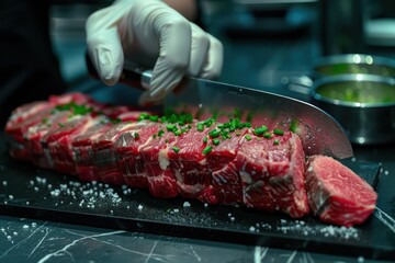 Expert Chef Slicing Prime Ribeye Steak for a Luxurious Fine Dining Experience, Precision Cuts for Delicious Steakhouse Dish