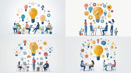 vector, illustration, Collaboration and business team meeting with discussion tiny person concept, transparent background. Company partnership and new idea generation with colleague brainstorm process